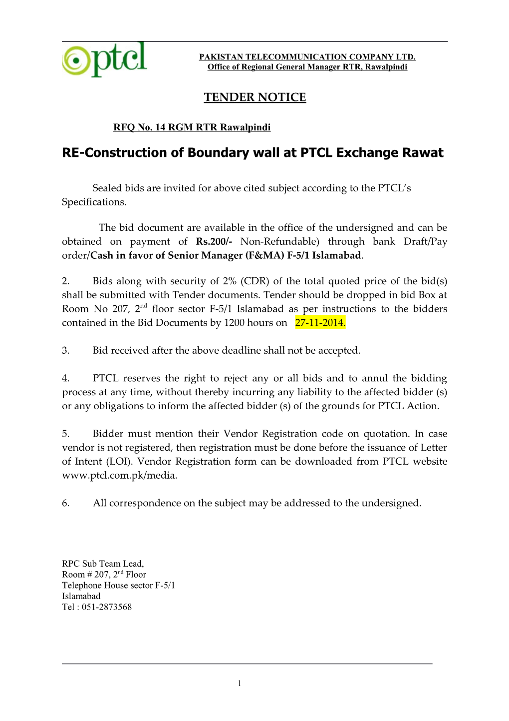 RE-Construction of Boundary Wall at PTCL Exchange Rawat