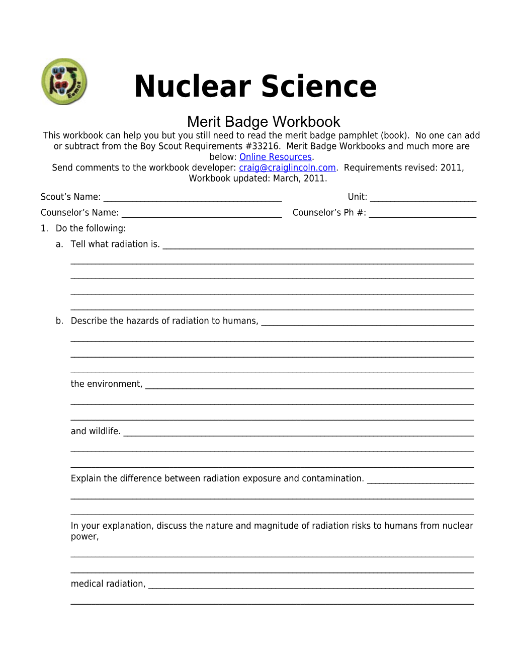 Nuclear Science P. 2 Merit Badge Workbook Scout's Name: ______
