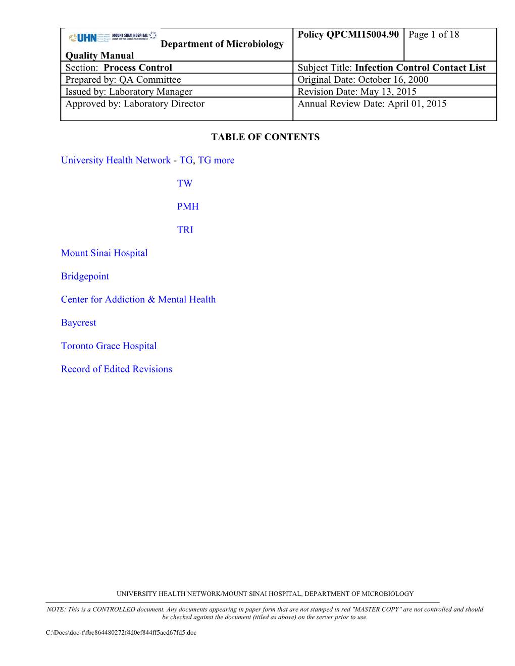 Infection Control Contact List Uhn