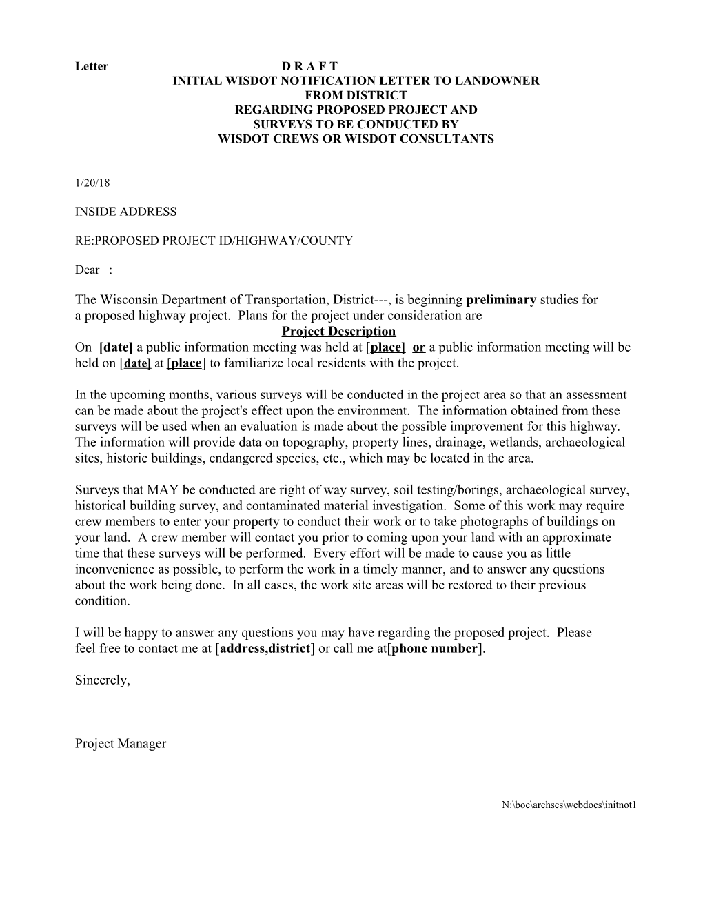 Initial Wisdot Notification Letter to Landowner from District Regarding Proposed Project