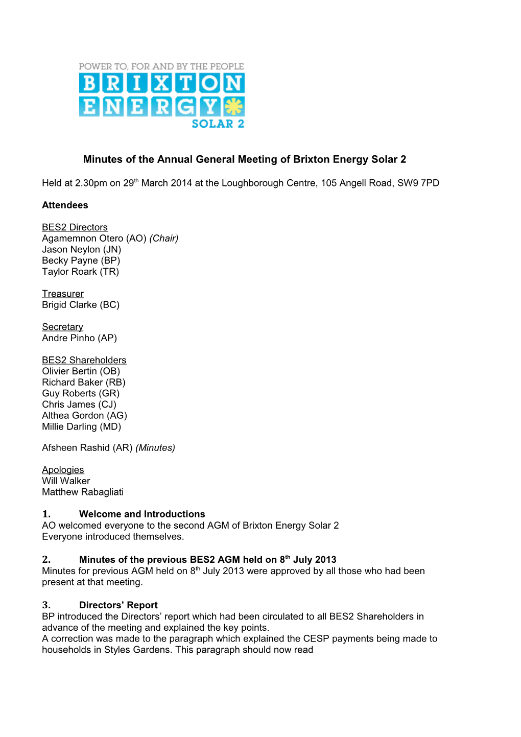 Minutes of the Annual General Meeting of Brixton Energy Solar 2