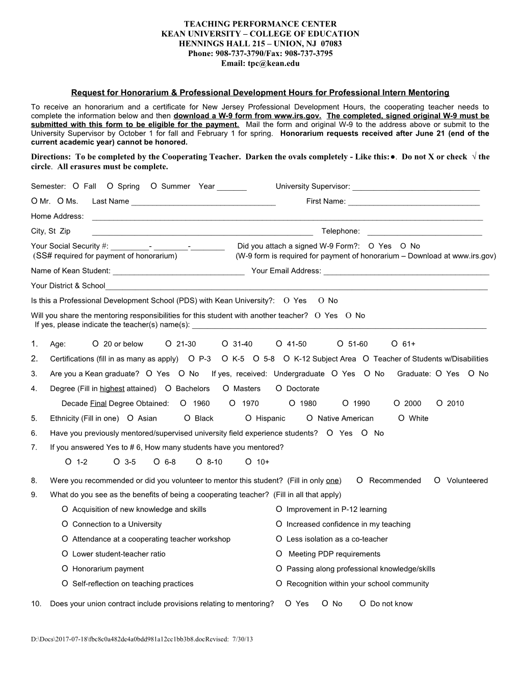 Profession - Request For Honorarium & PD Hours