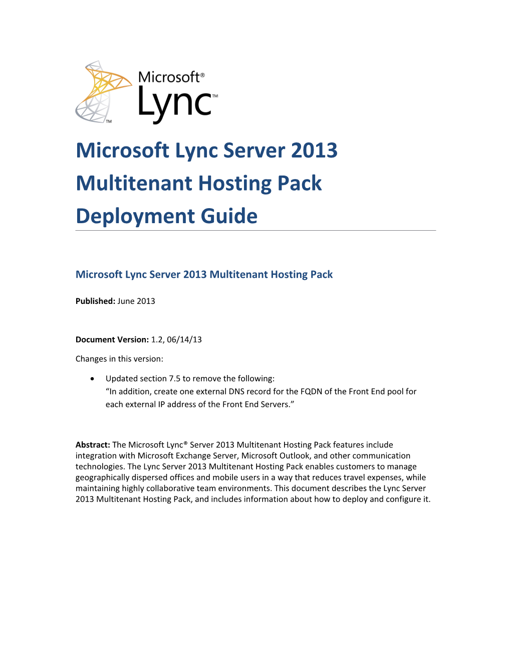 Microsoft Lync Server 2013 Multitenant Hosting Pack Deployment Guide