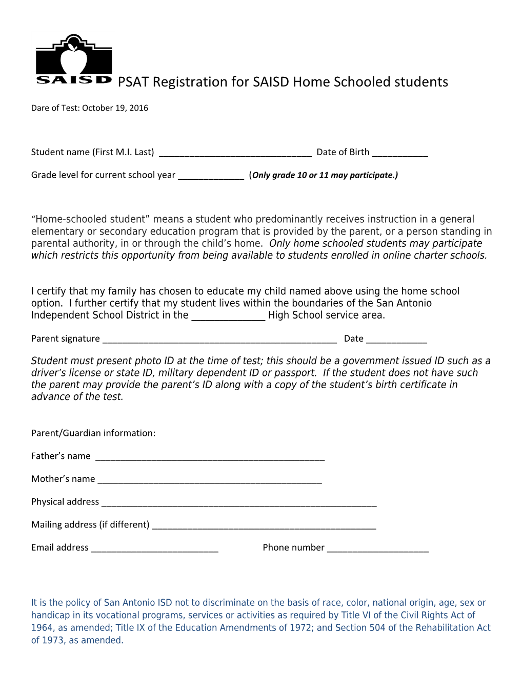 PSAT Registration for SAISD Home Schooled Students