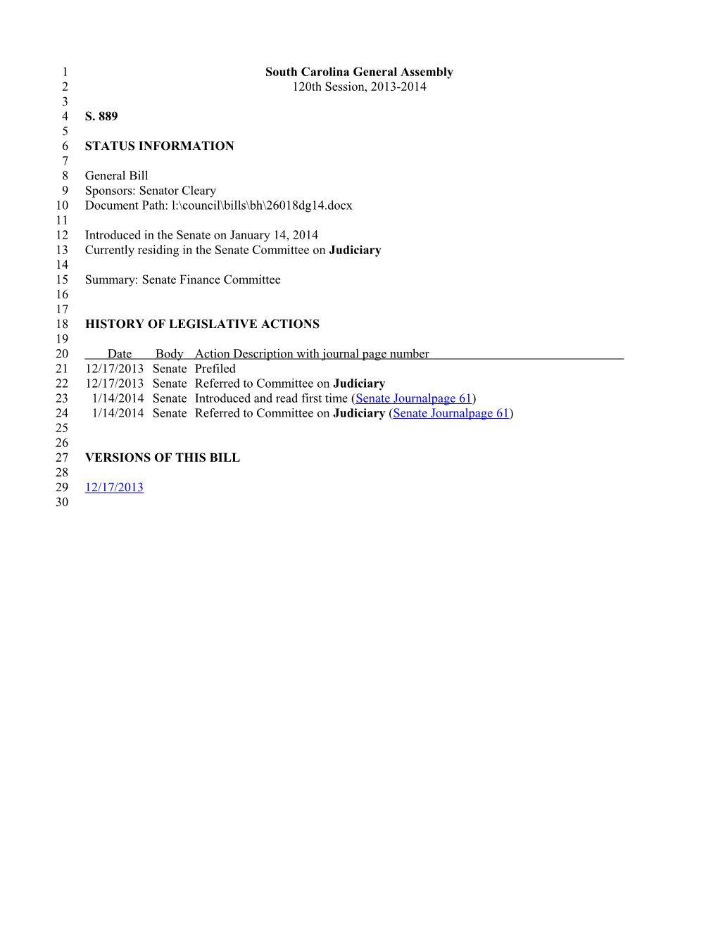 2013-2014 Bill 889: Senate Finance Committee - South Carolina Legislature Online