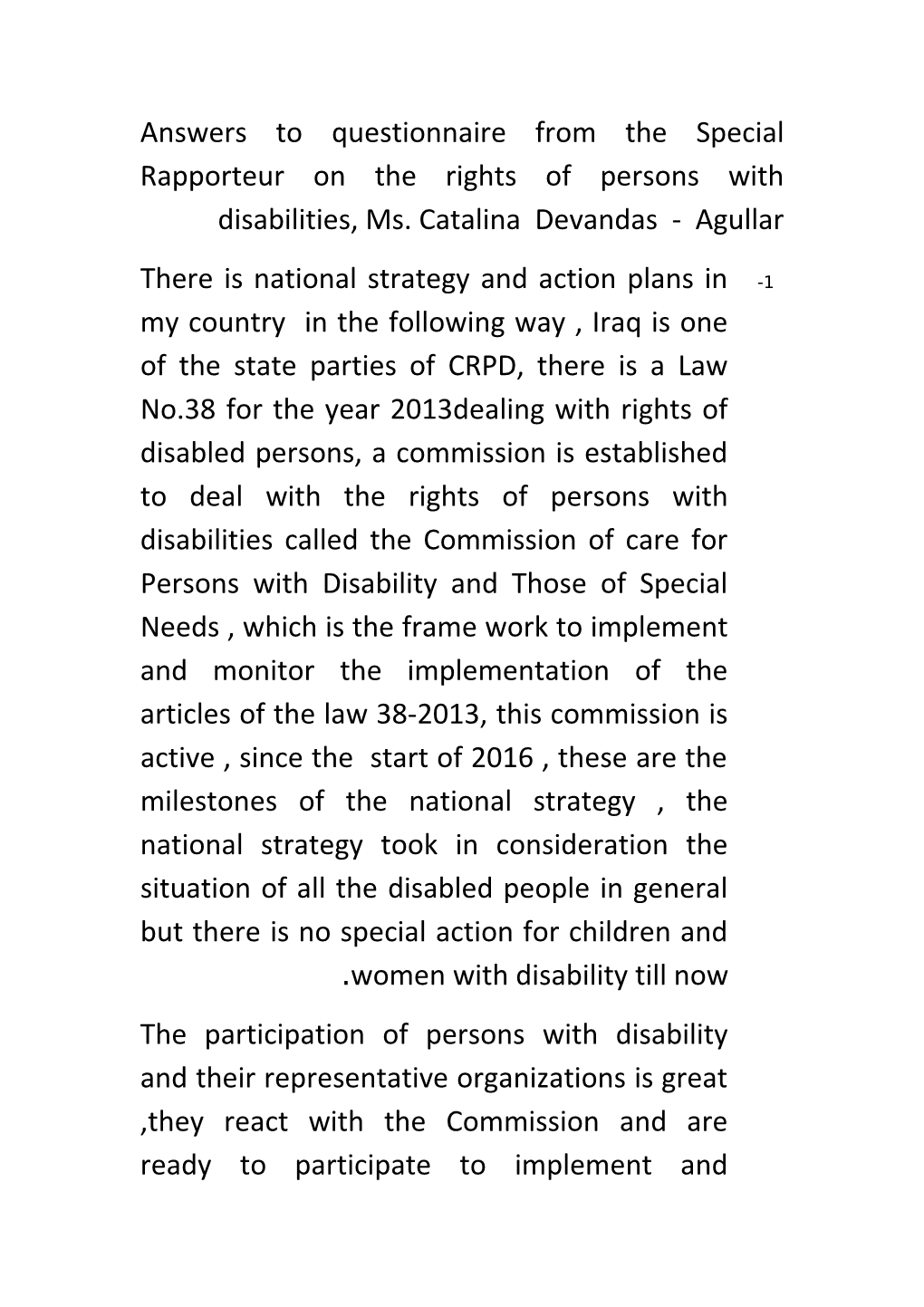 Answers to Questionnaire from the Special Rapporteur on the Rights of Persons with Disabilities