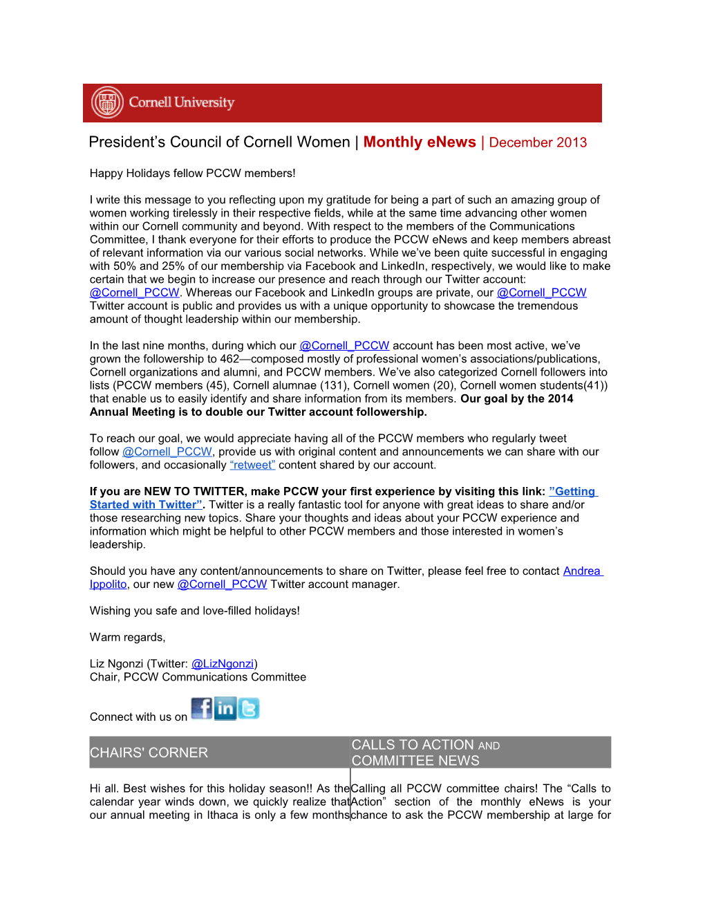 President S Council of Cornell Women Monthly Enews December 2013
