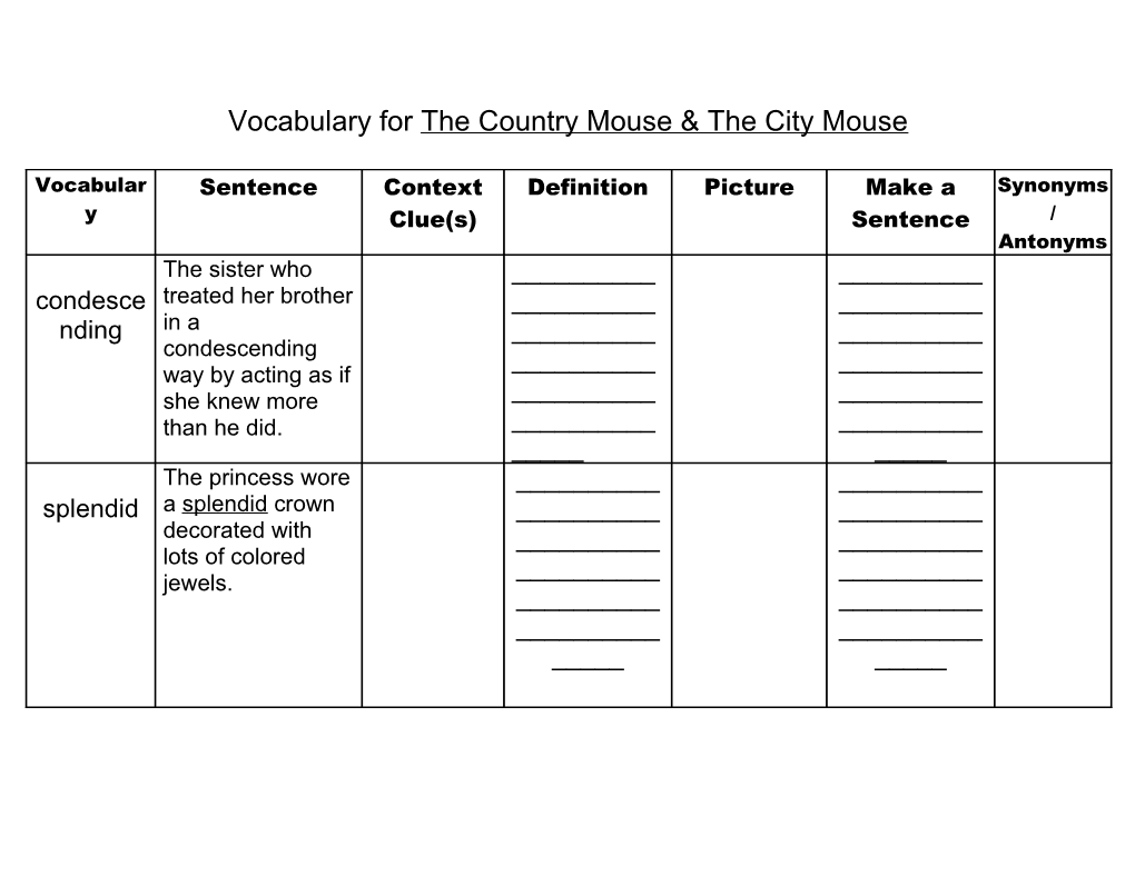 Vocabulary for the Country Mouse & the City Mouse
