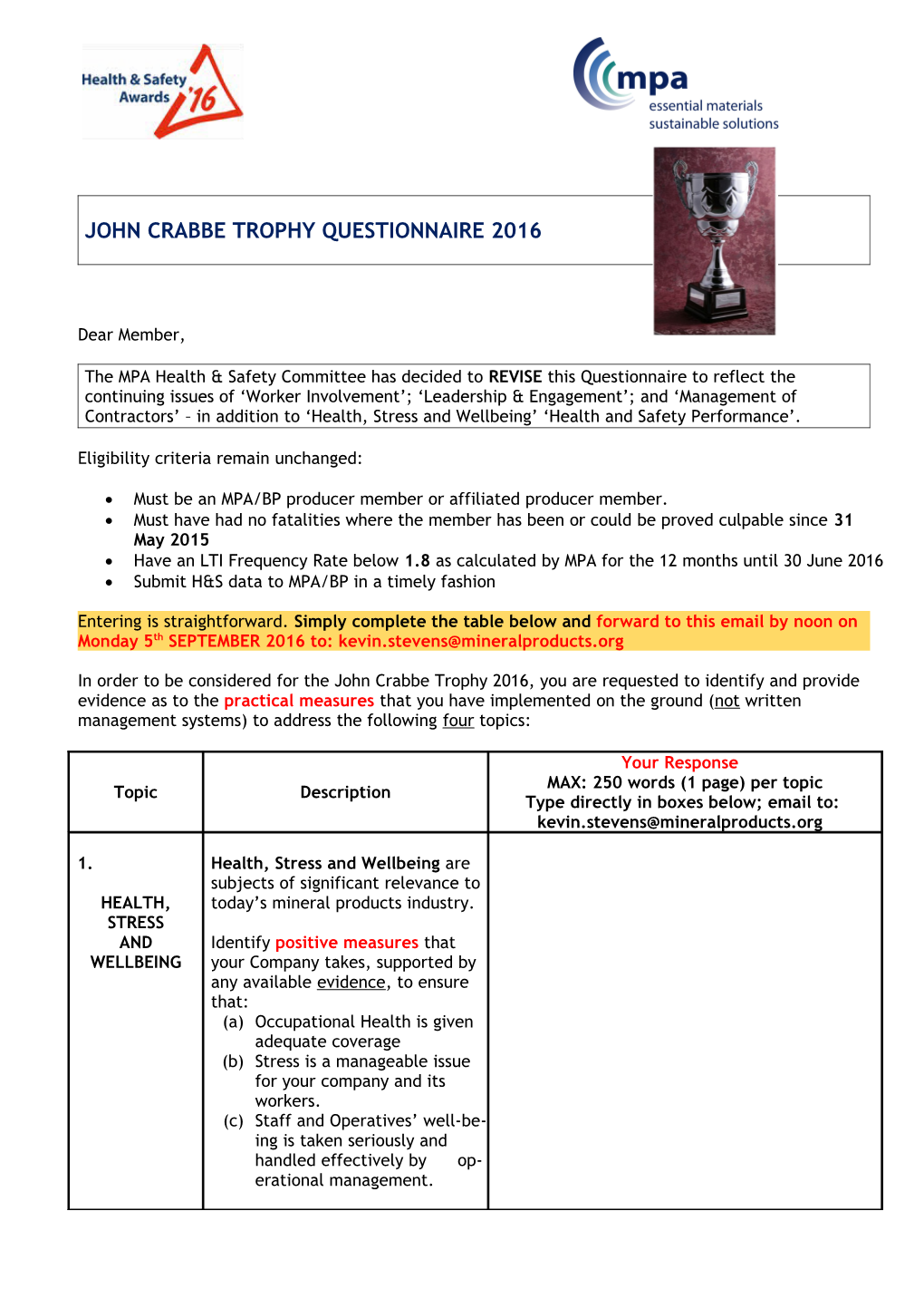 John Crabbe Trophy Questionnaire 2016