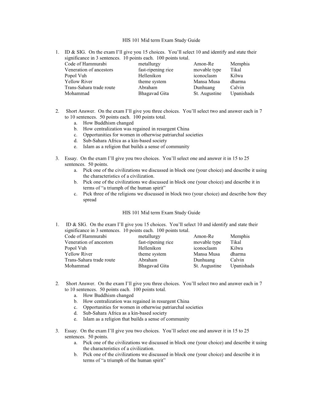 HIS 101 Mid Term Exam Study Guide