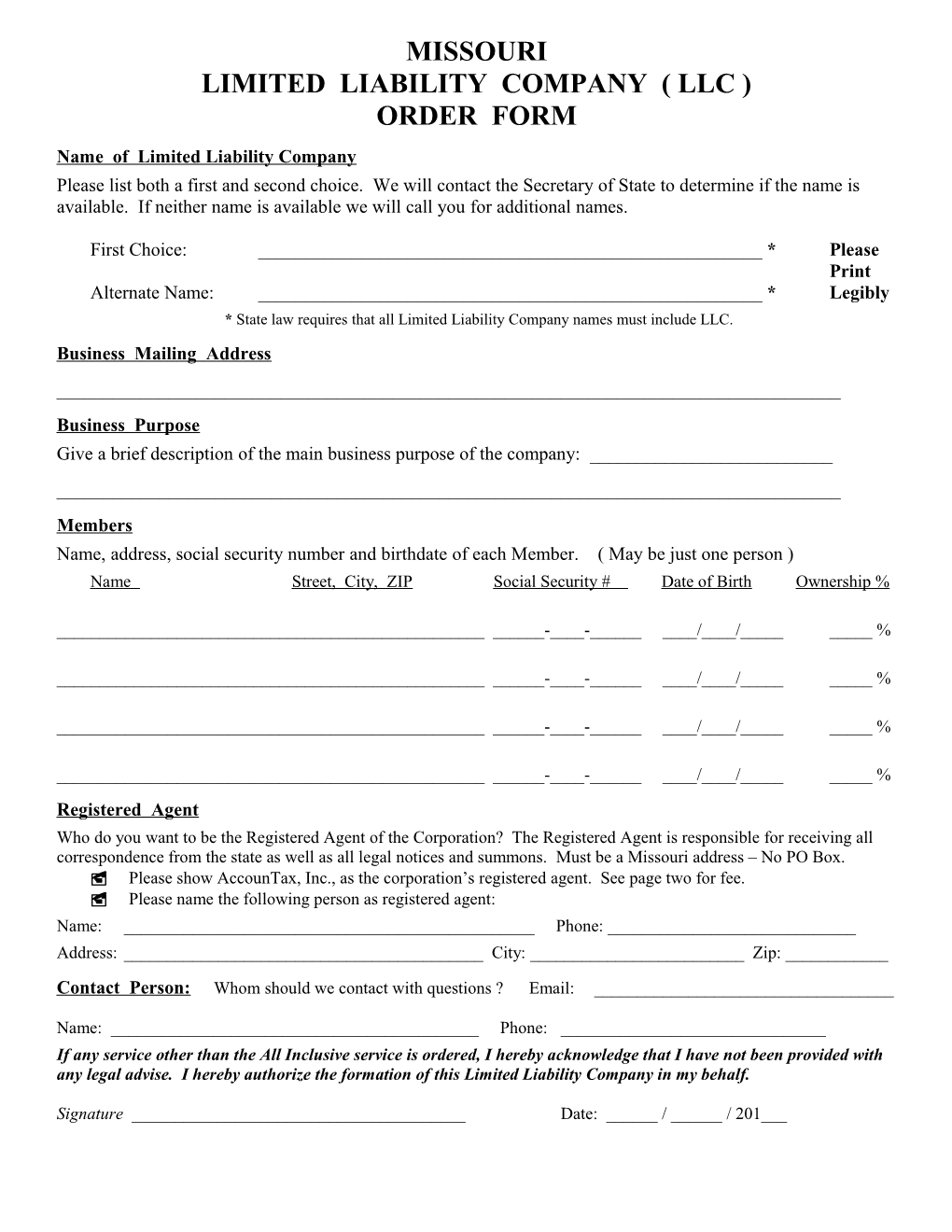 Missouri Incorporation Order Form