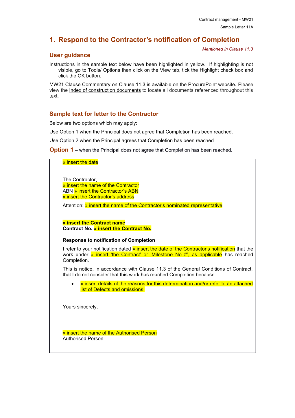 MW21 Sample Letter 11A - Respond to the Contractor S Notification of Completion