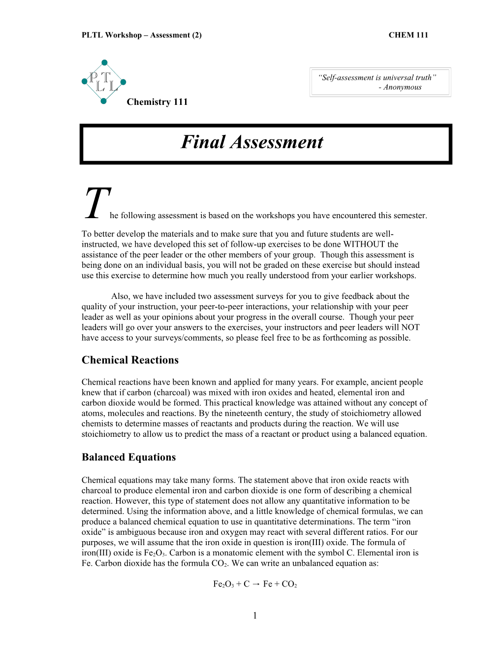 PLTL Workshop Assessment (2) CHEM 111