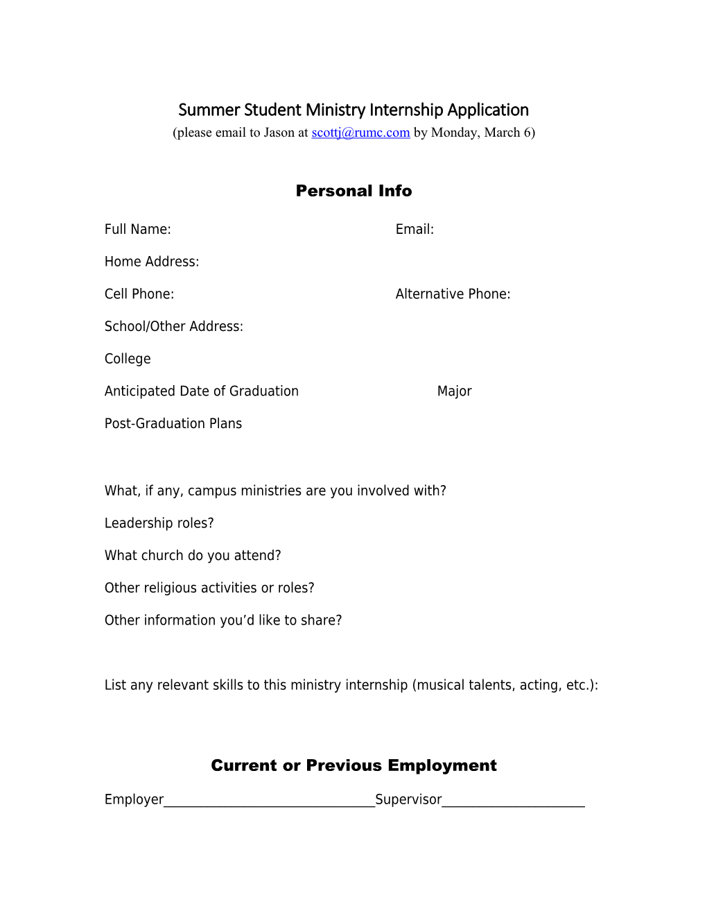 Summer Student Ministry Internship Application