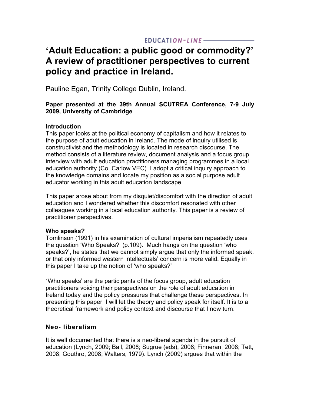 Adult Education: a Public Good Or Commodity? a Review of Practitioner Perspectives To
