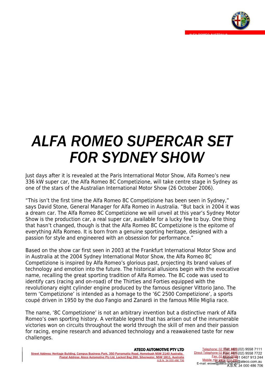 Alfa Romeo Supercar Set for Sydney Show