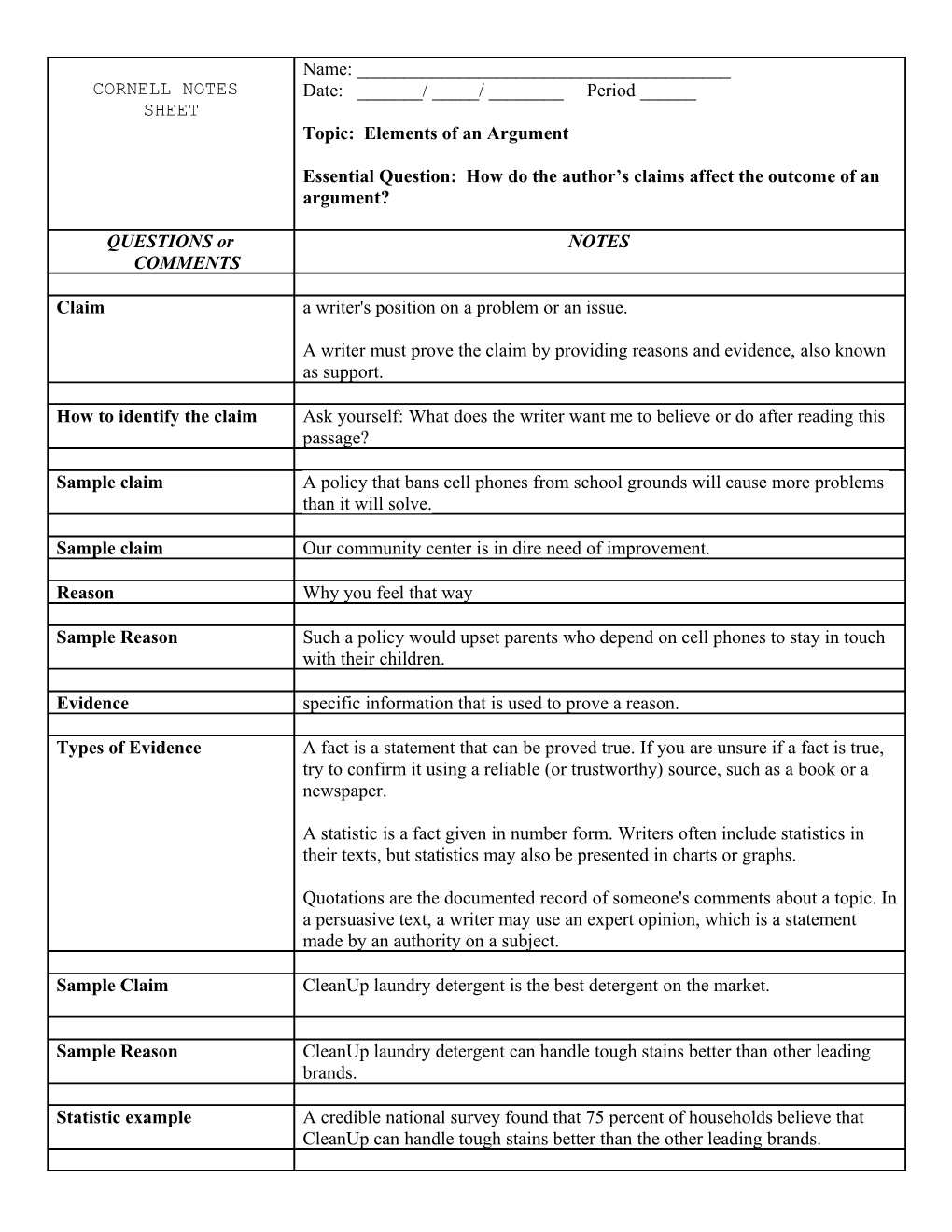 Cornell Notes Sheet