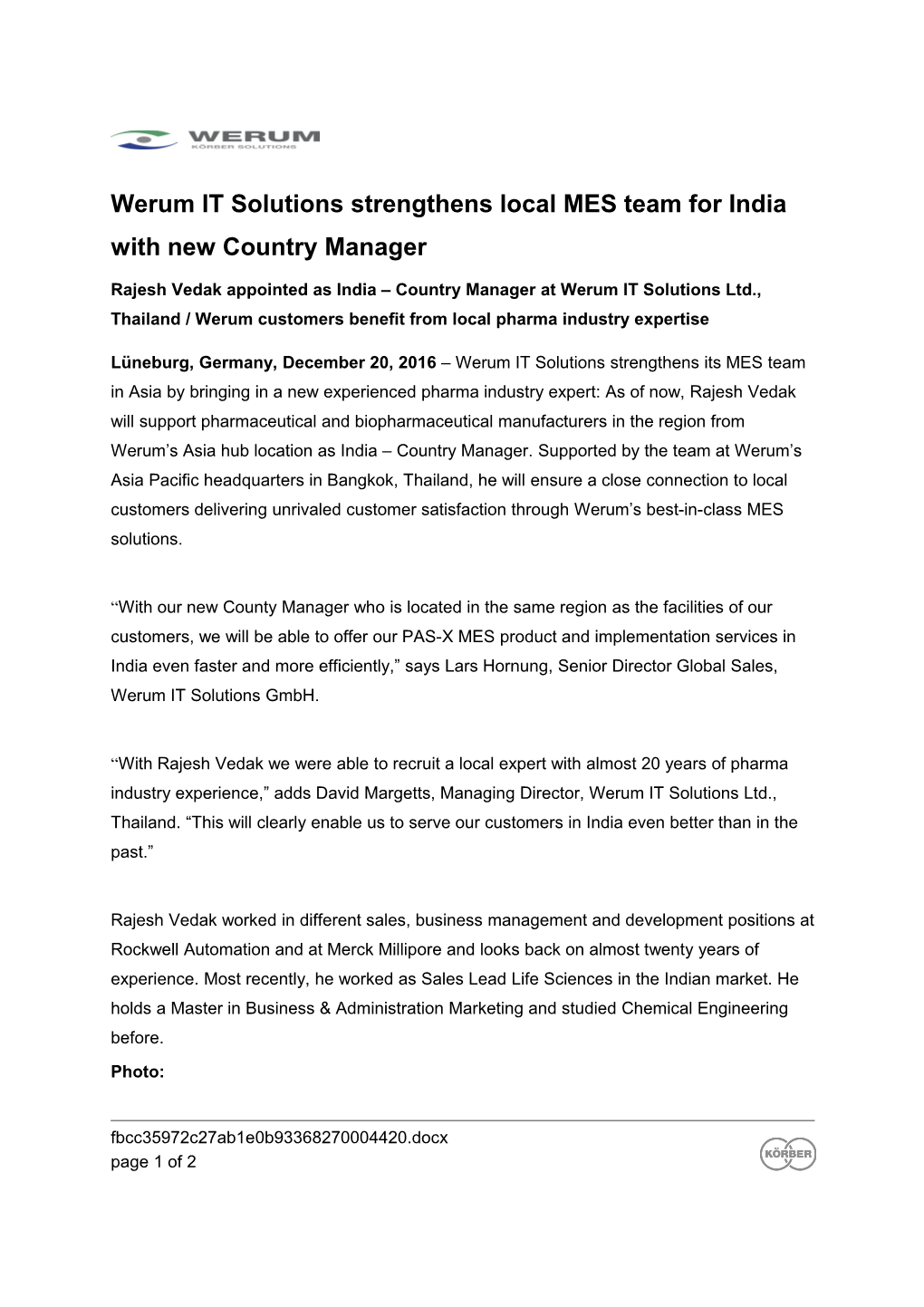 Rajesh Vedak Appointed As India Country Manager at Werum IT Solutions Ltd., Thailand