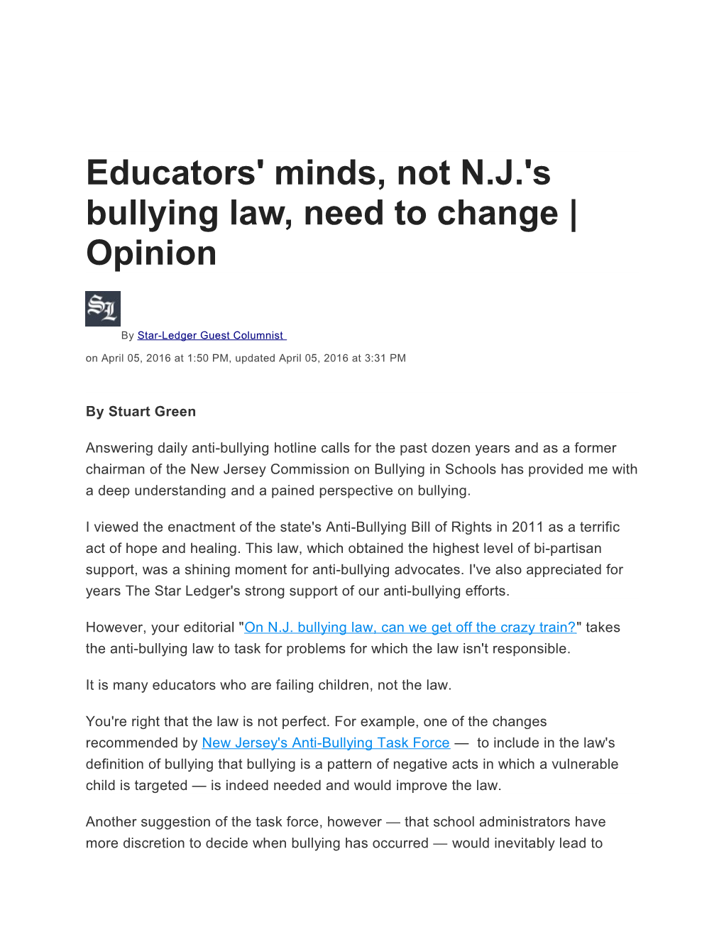 Educators' Minds, Not N.J.'S Bullying Law, Need to Change Opinion