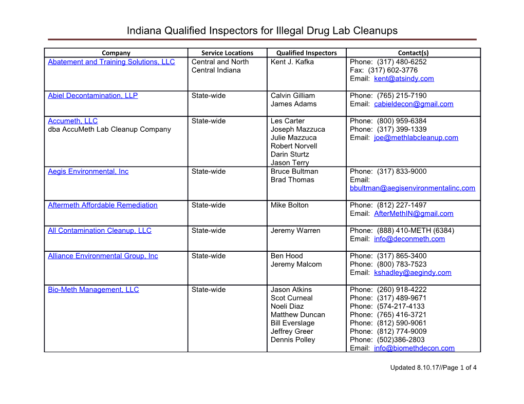 Indiana Qualified Inspectors for Illegal Drug Lab Cleanups