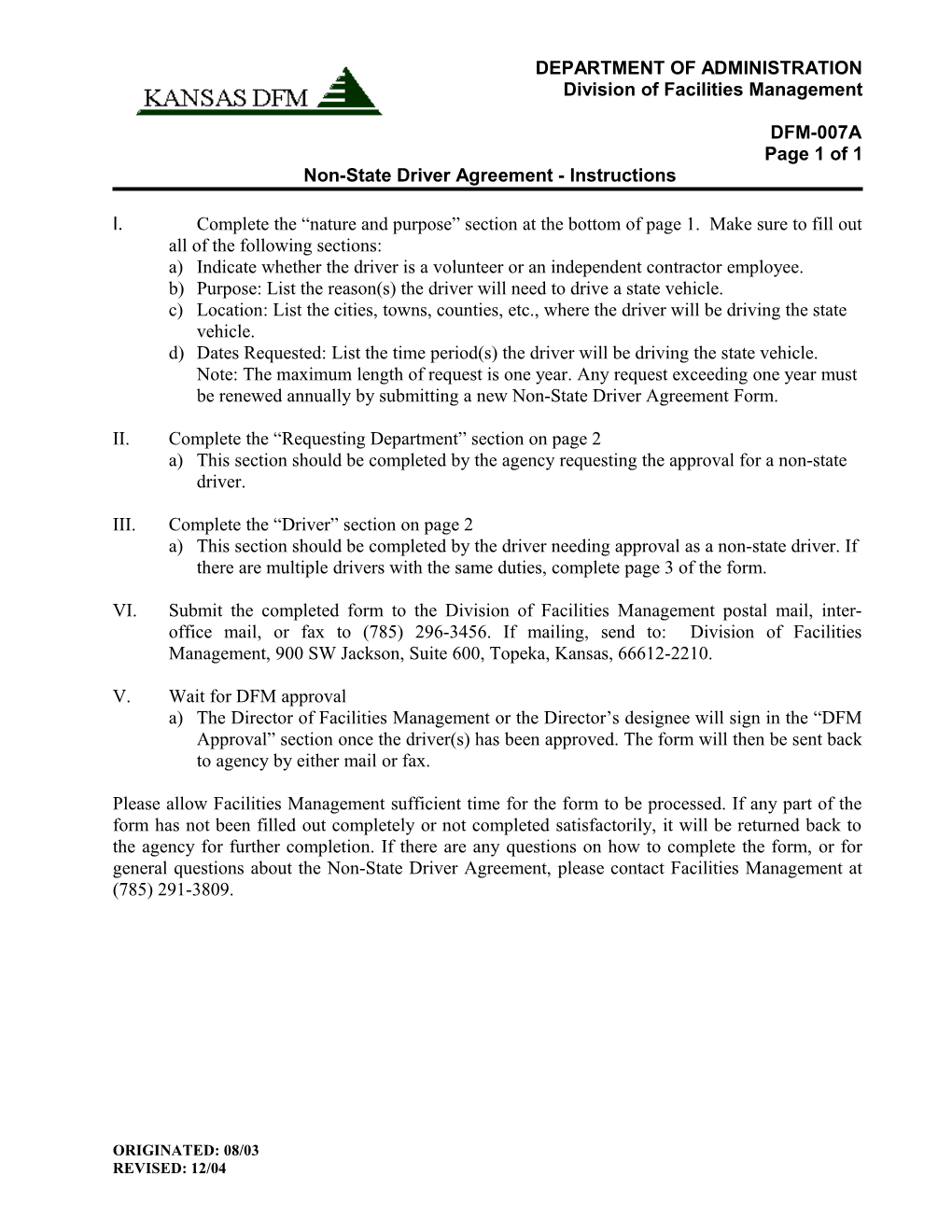 Non-State Driver Agreement - Instructions