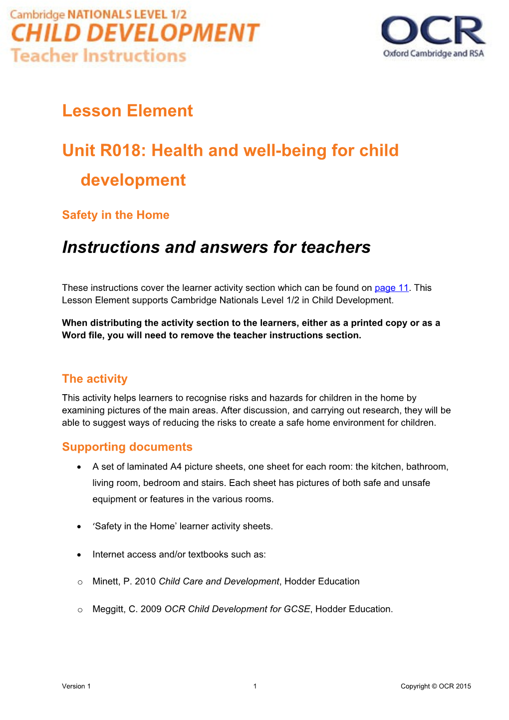 Cambridge Nationals Child Development Unit R018: Health and Well-Being for Child Development