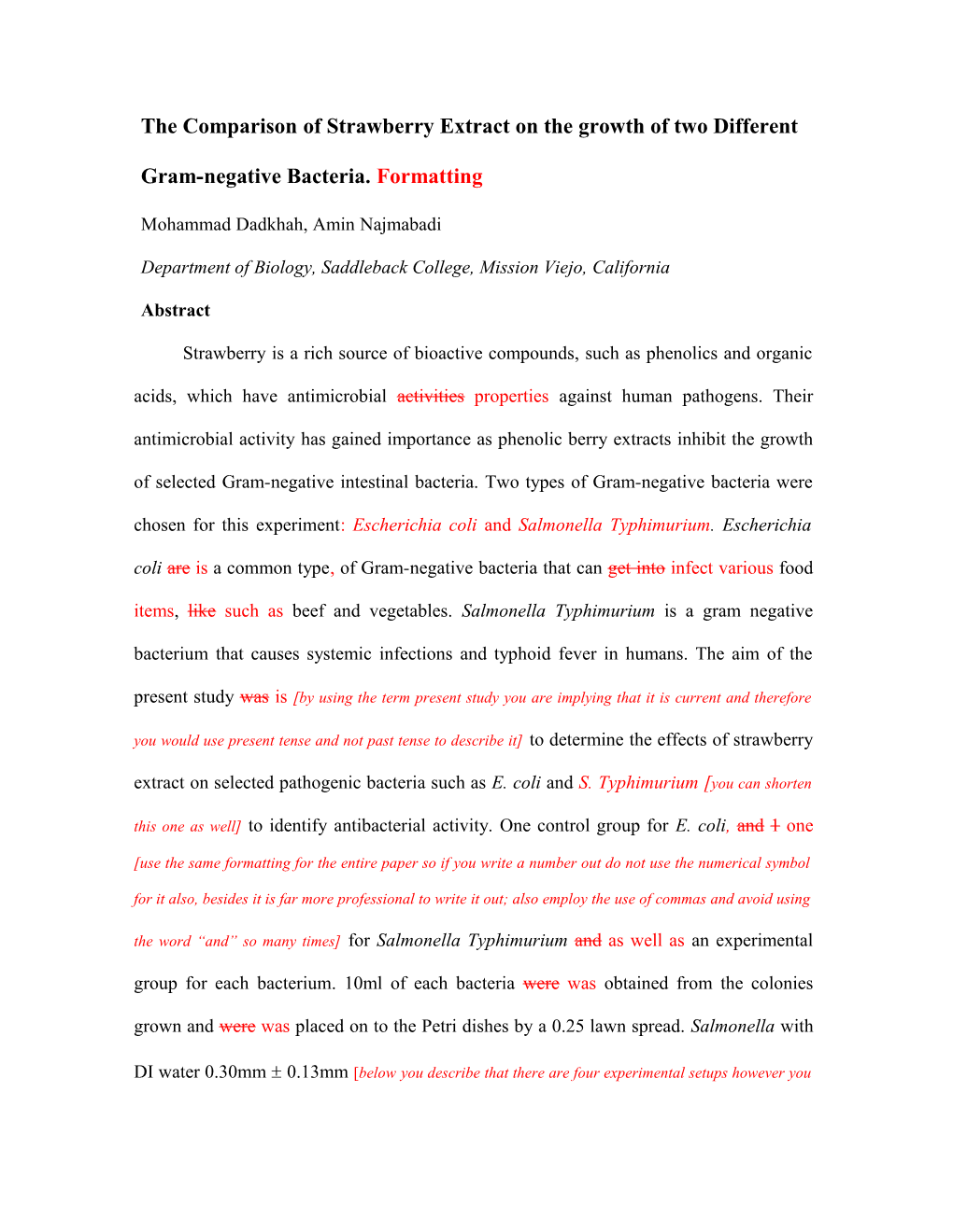 The Comparison of Strawberry Extract on the Growth of Two Different Gram-Negative Bacteria