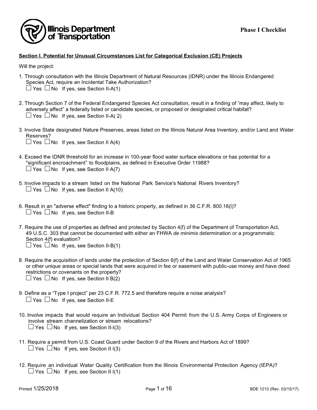 Section I. Potential for Unusual Circumstances List for Categorical Exclusion (CE) Projects