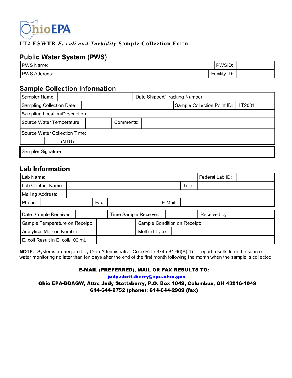 LT2 ESWTR E. Coli and Turbidity Sample Collection Form