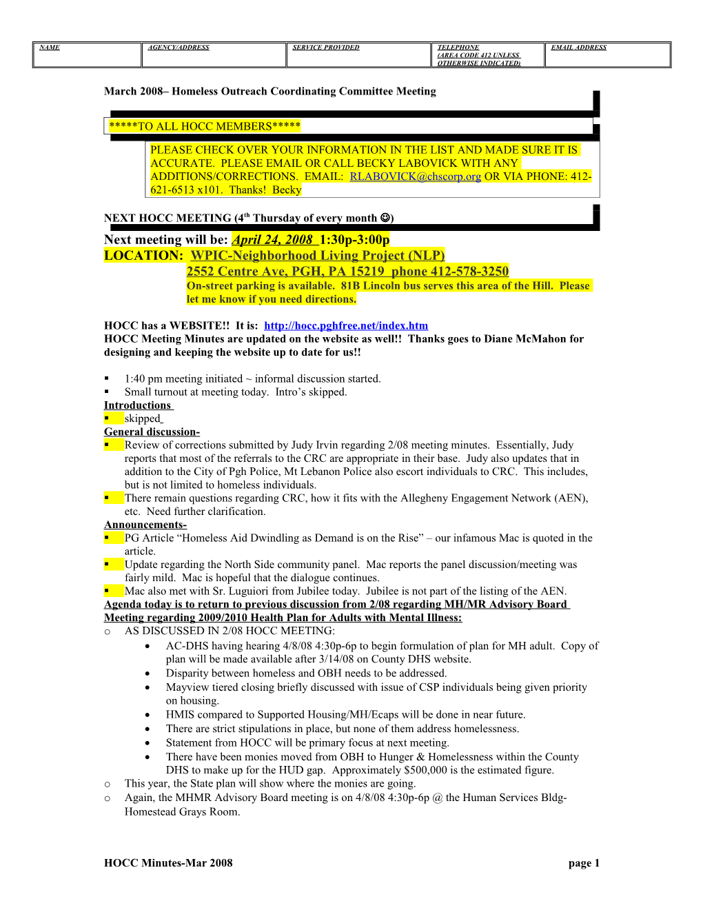 March 2008 Homeless Outreach Coordinating Committee Meeting