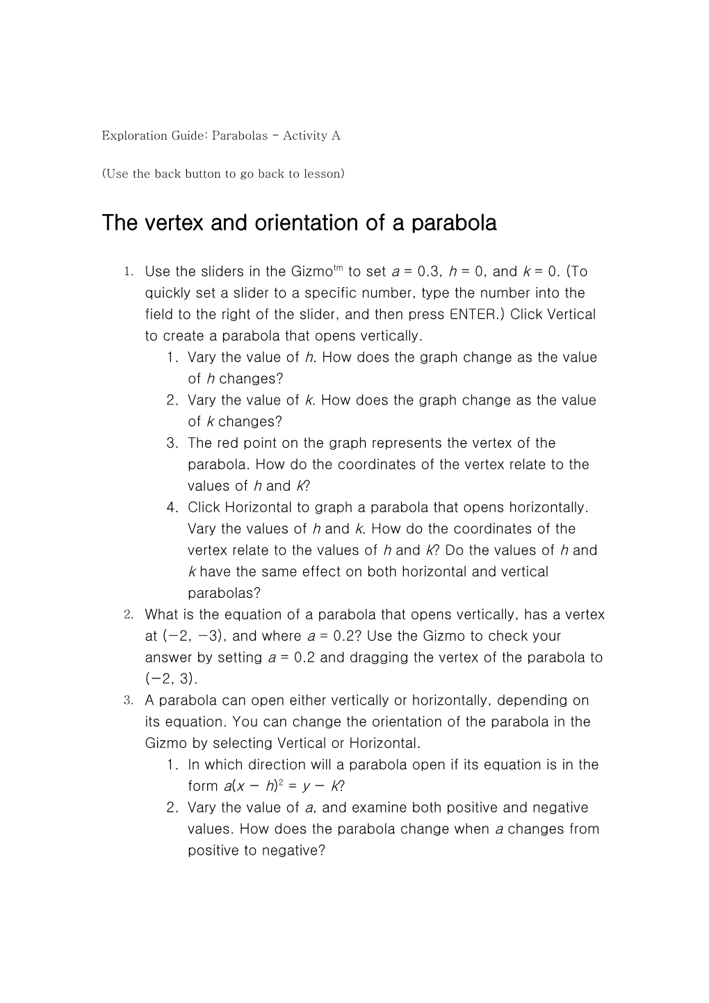 Exploration Guide: Parabolas - Activity A