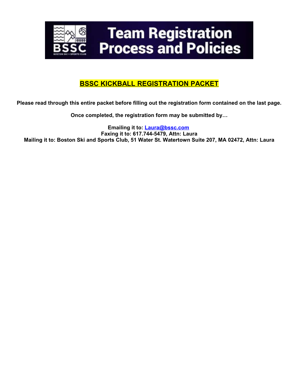 Bssc Kickball Registration Packet