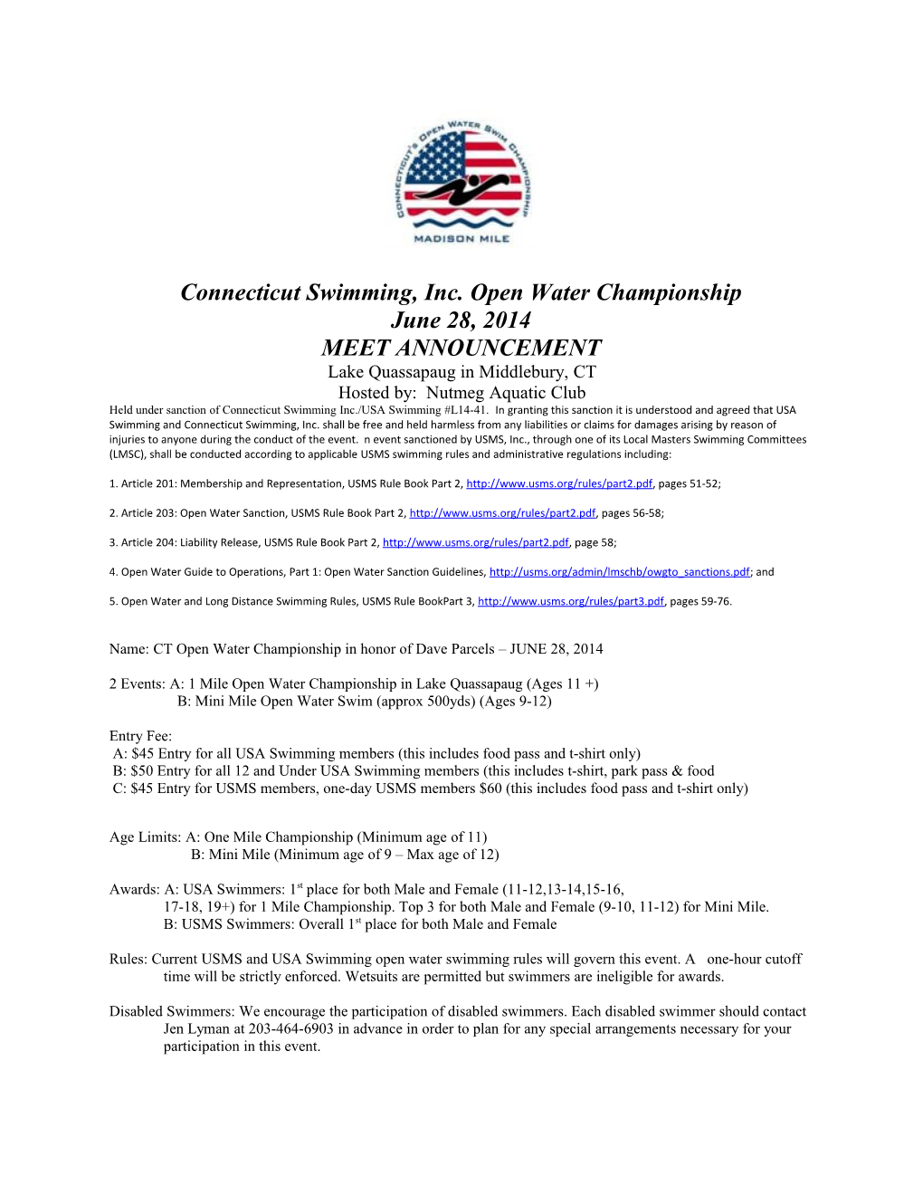 Connecticut Swimming, Inc. Open Water Championship