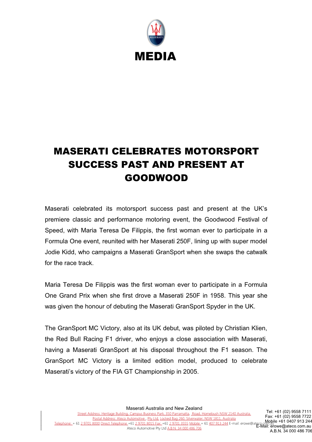 Maserati Celebrates Motorsport Success Past and Present at Goodwood