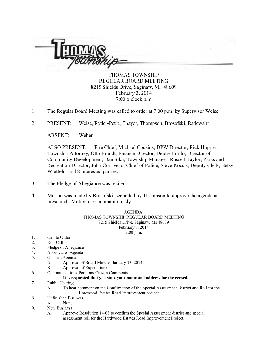 Thomas Township Board Meeting February 2014