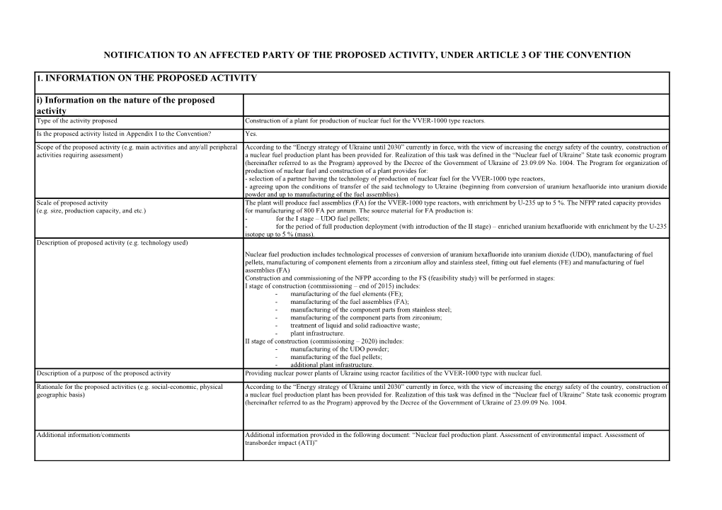 Notification to an Affected Party of the Proposed Activity, Under Article 3 of the Convention