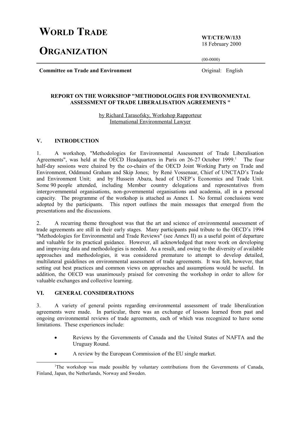 REPORT on the WORKSHOP Methodologies for Environmental Assessment of Trade Liberalisation