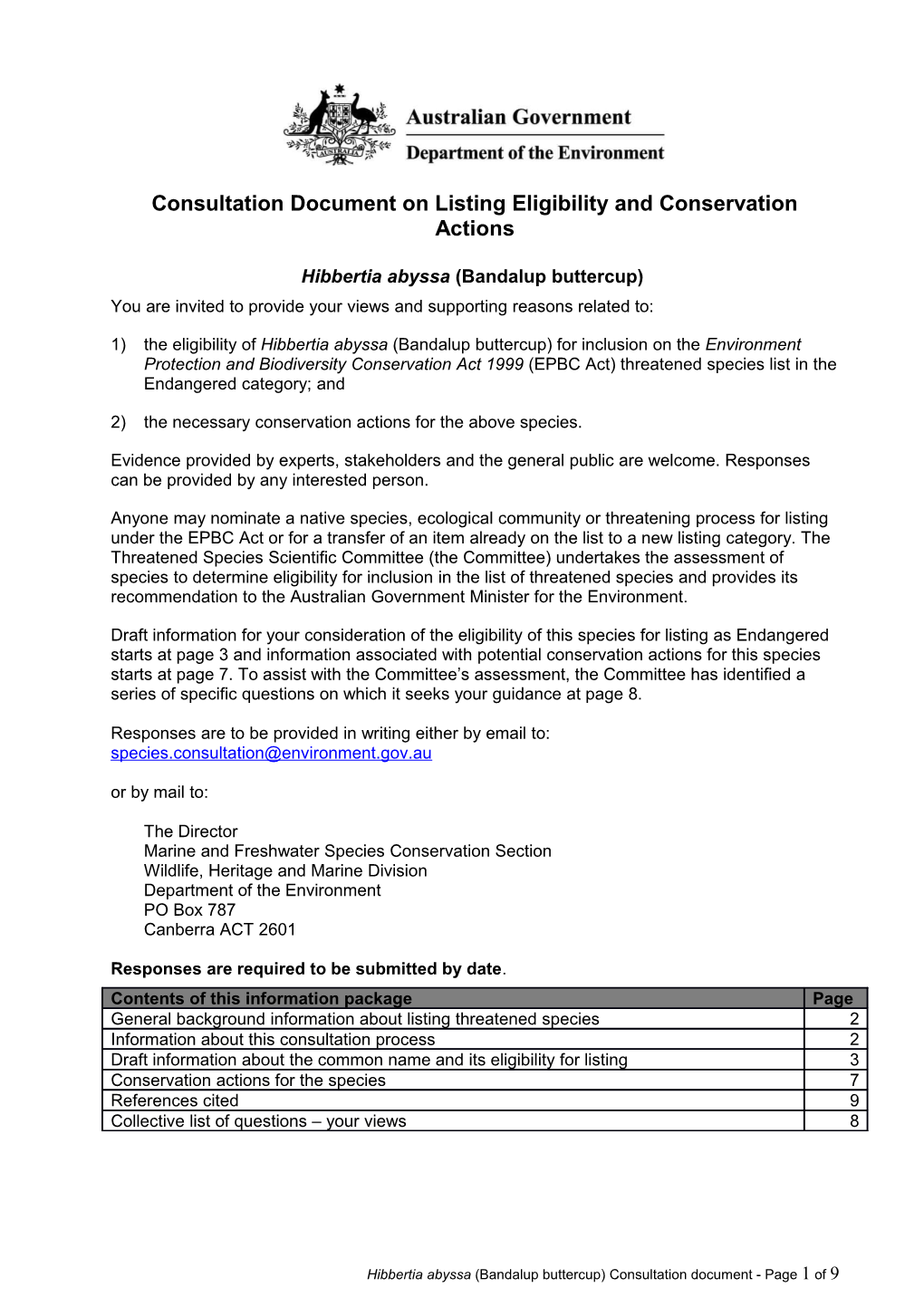 Consultation Document on Listing Eligibility and Conservation Actions Hibbertia Abyssa