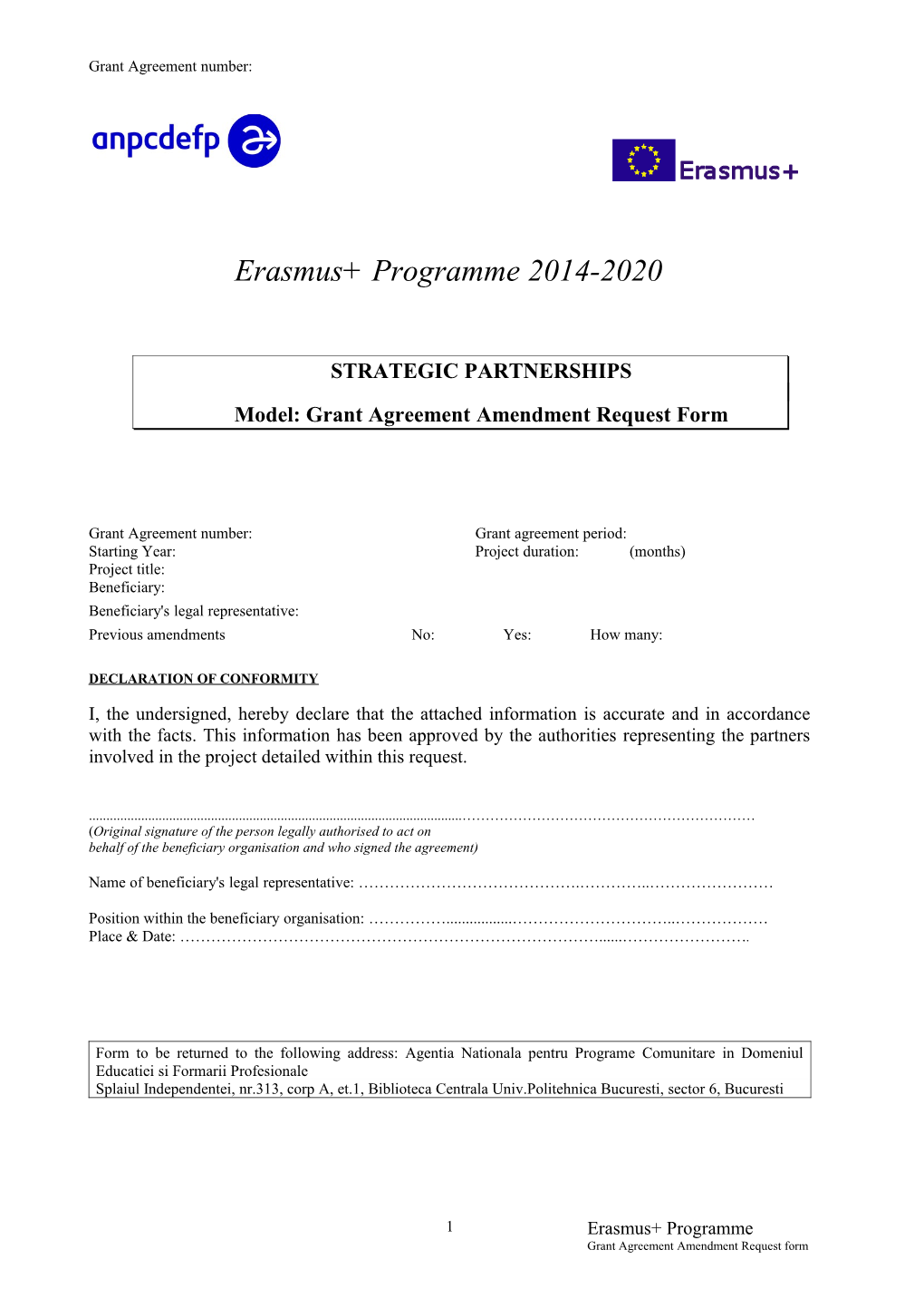 Model: Grant Agreement Amendment Request Form