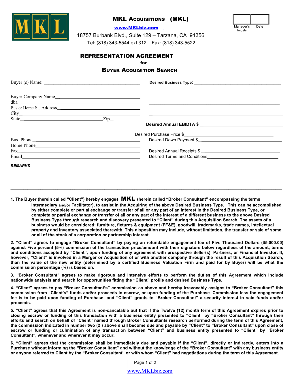 Acquisition Search Agreement