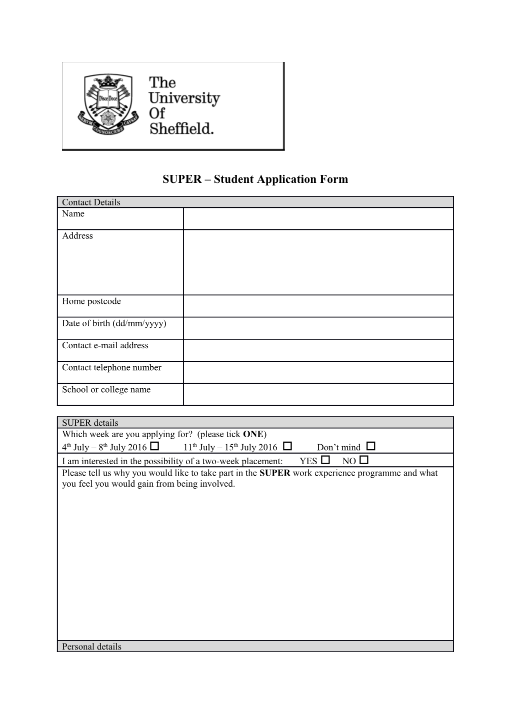 SUPER Student Application Form