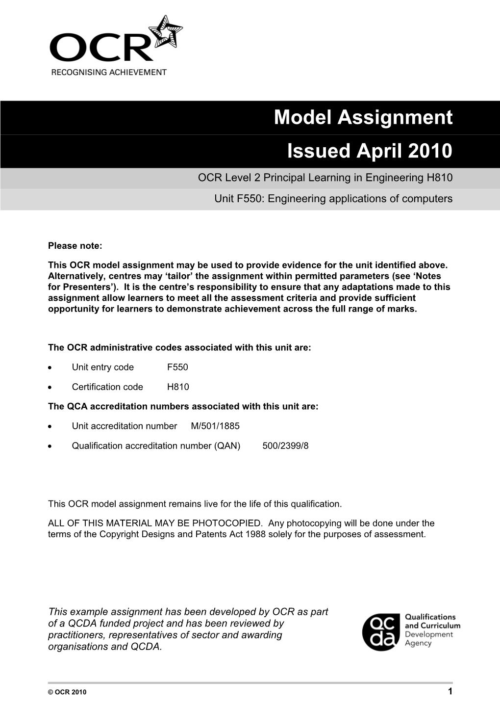 OCR Principal Learning Model Assignment