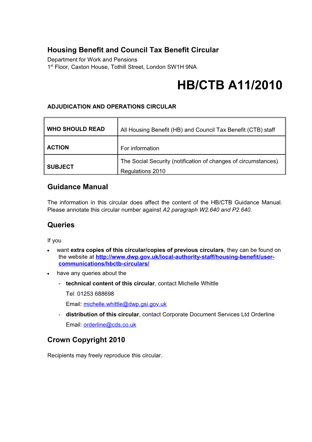 Housing Benefit and Council Tax Benefit Circular s11