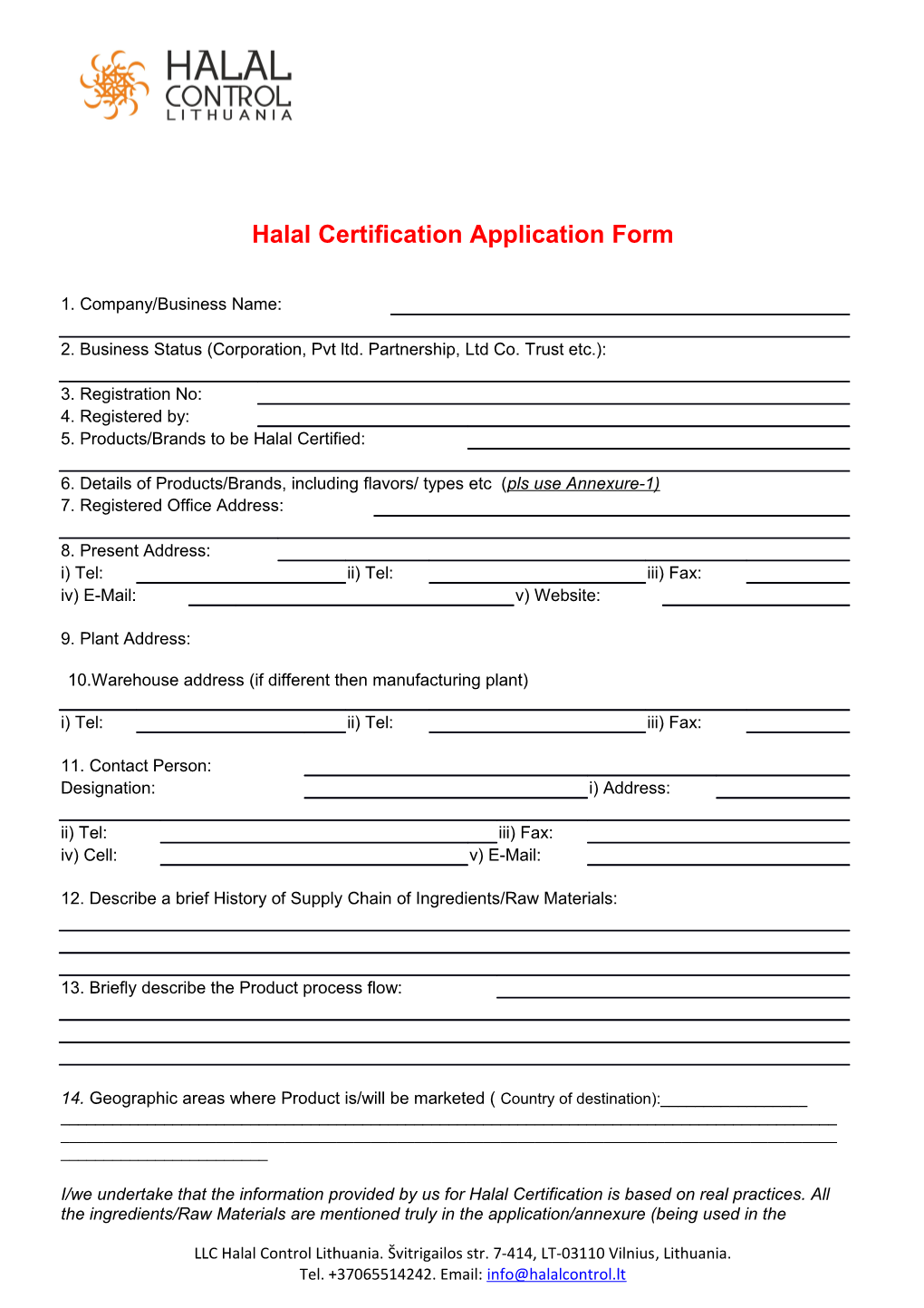 Halal Certification Application Form