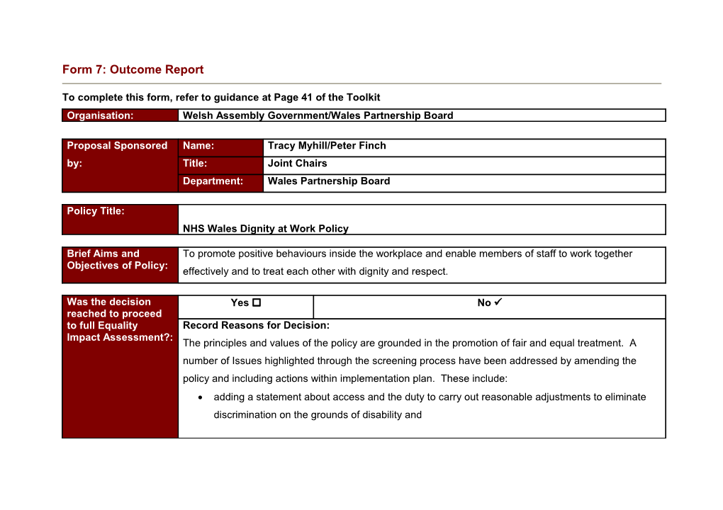 FORM X : Outcome Report