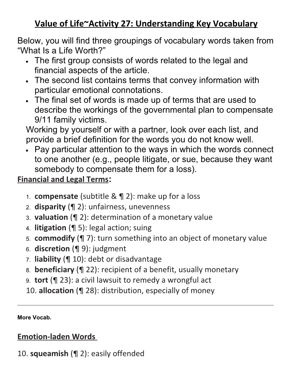 Value of Life Activity 27: Understanding Key Vocabulary
