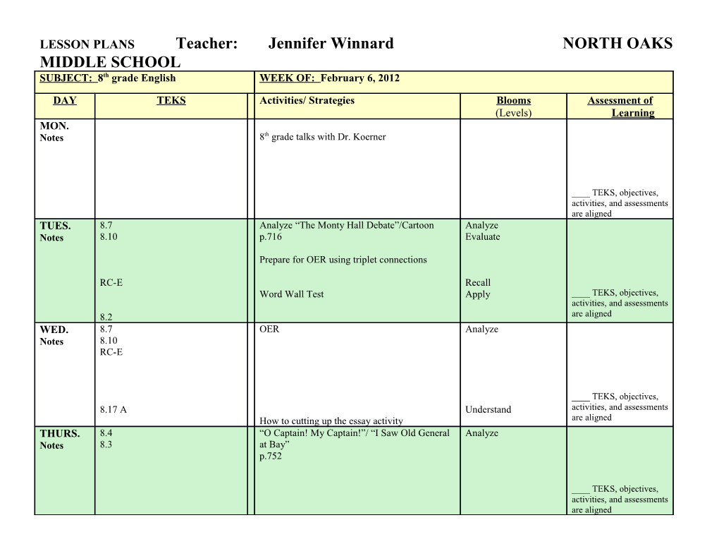 LESSON PLANS Teacher: Jennifer Winnard NORTH OAKS MIDDLE SCHOOL