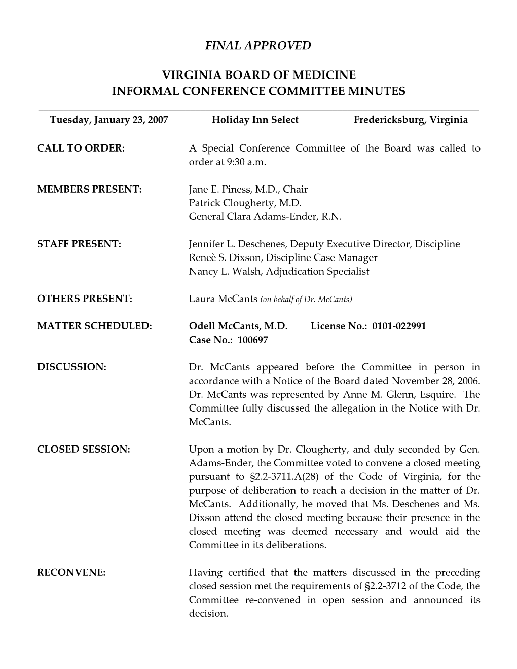 Informal Conference Committee Minutes