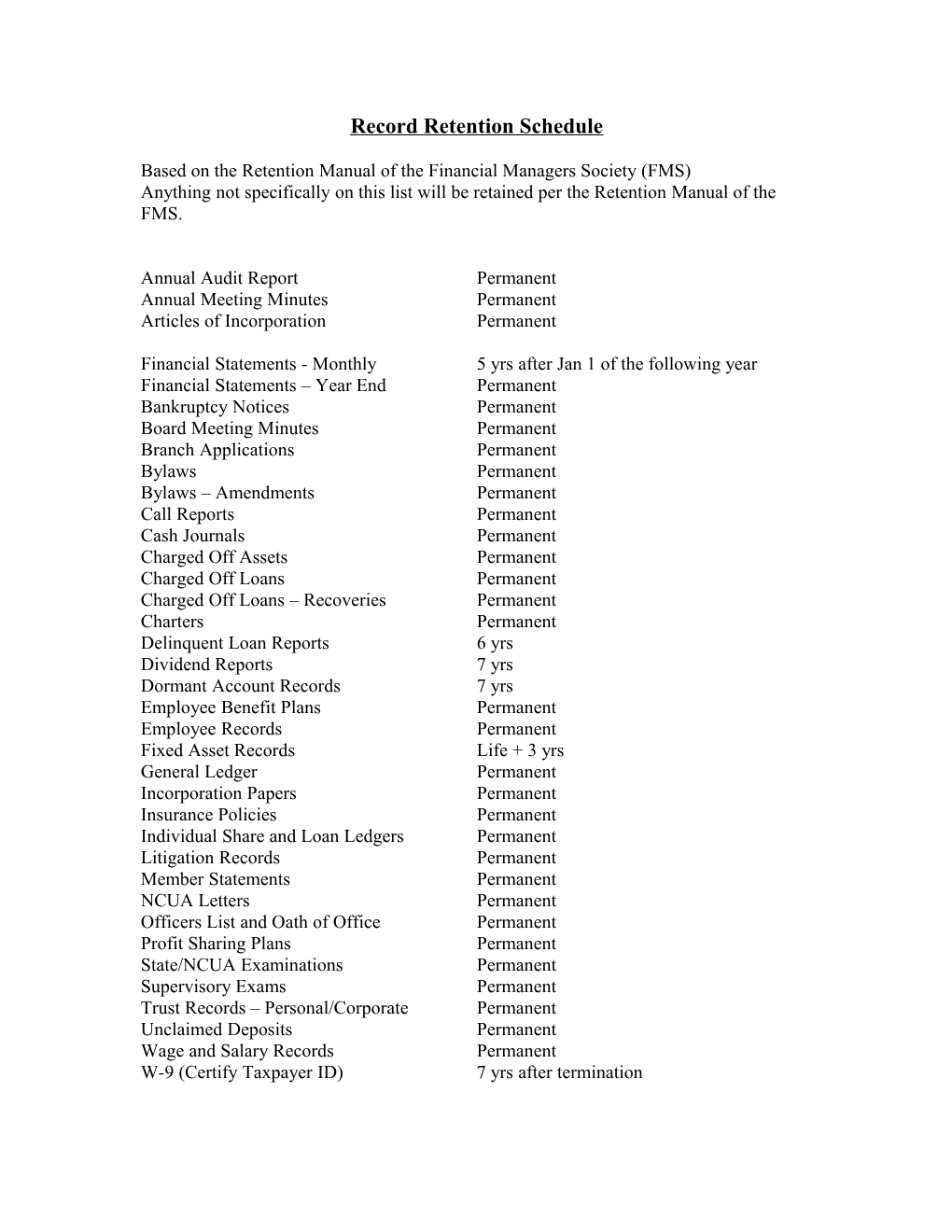 Record Retention Schedule