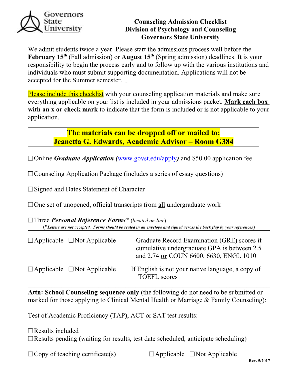 Counseling Admission Checklist
